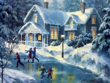 kids children skating on lake Christmas cottage Oil Paintings